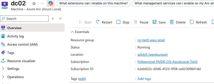 dc02 overview — Tier 0 subscription and rg-tier0-weu-prod resource group