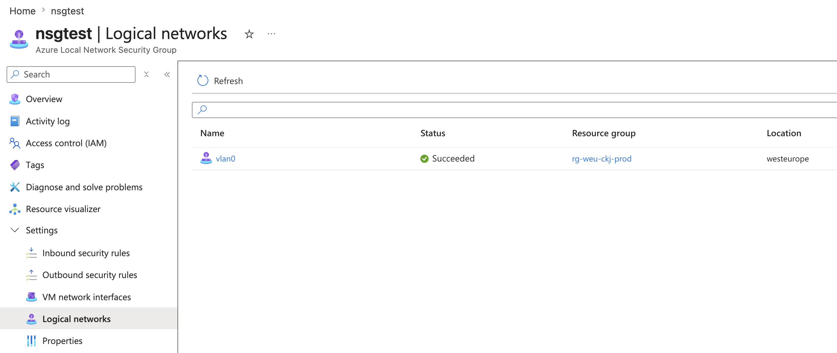 Azure Local NSG logical networks tab showing vlan0 association